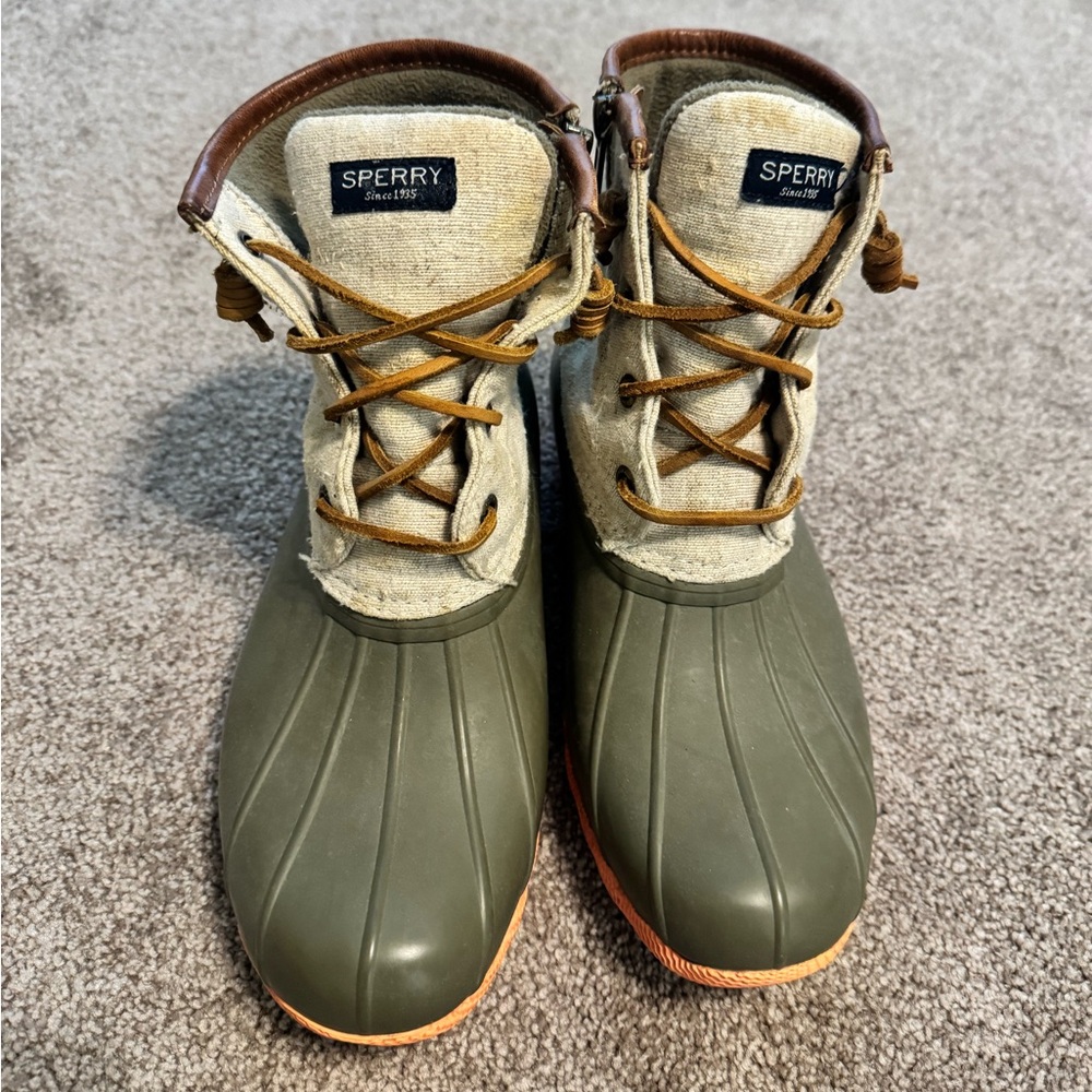 Sperry Olive and Tan Duck Boots